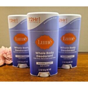 (3) LUME Whole Body Deodorant Invisible Cream Soft Powder Solid Stick 2.2 oz Ea